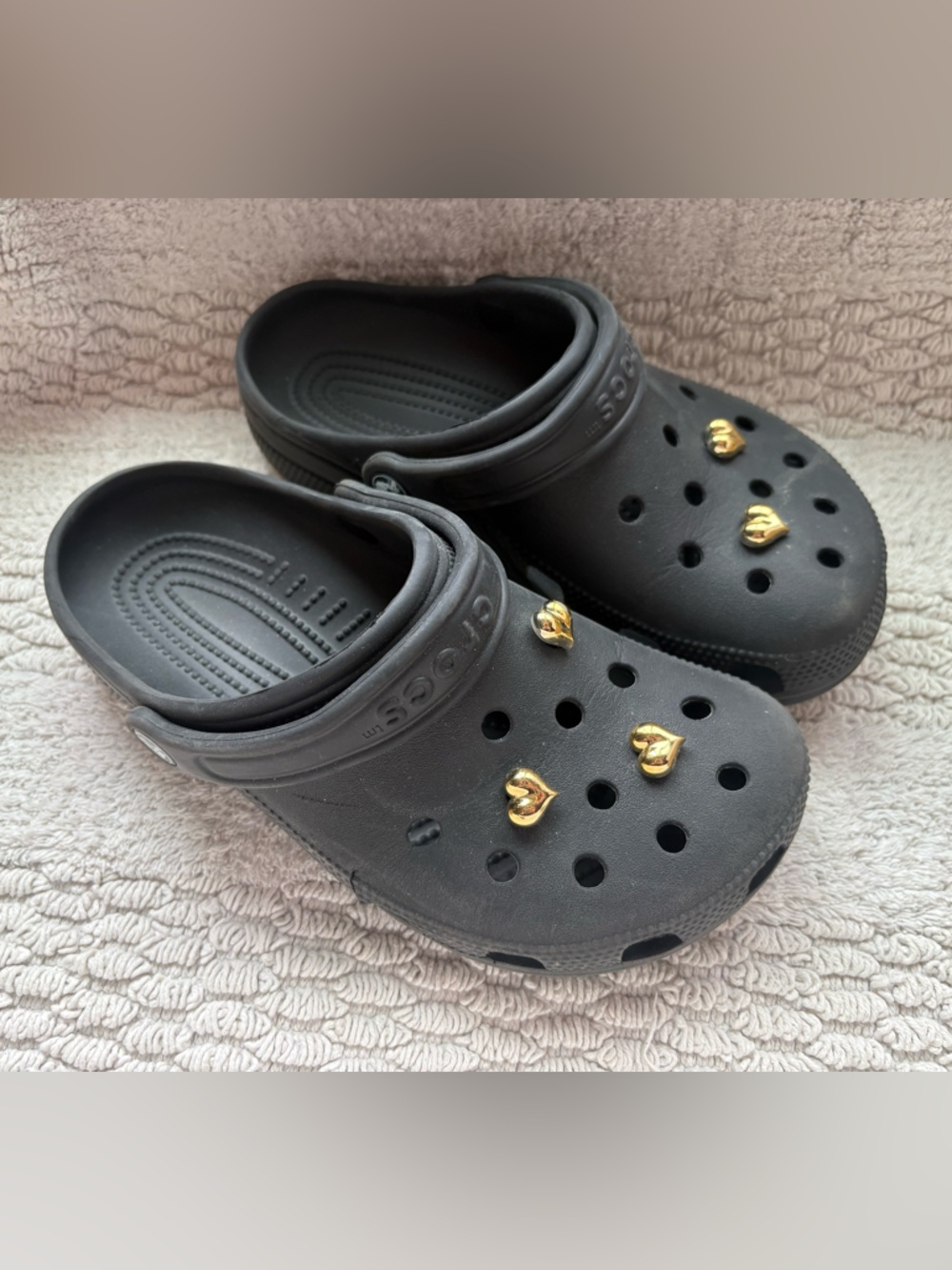 CROCS Black Clog with Gold Heart Charms